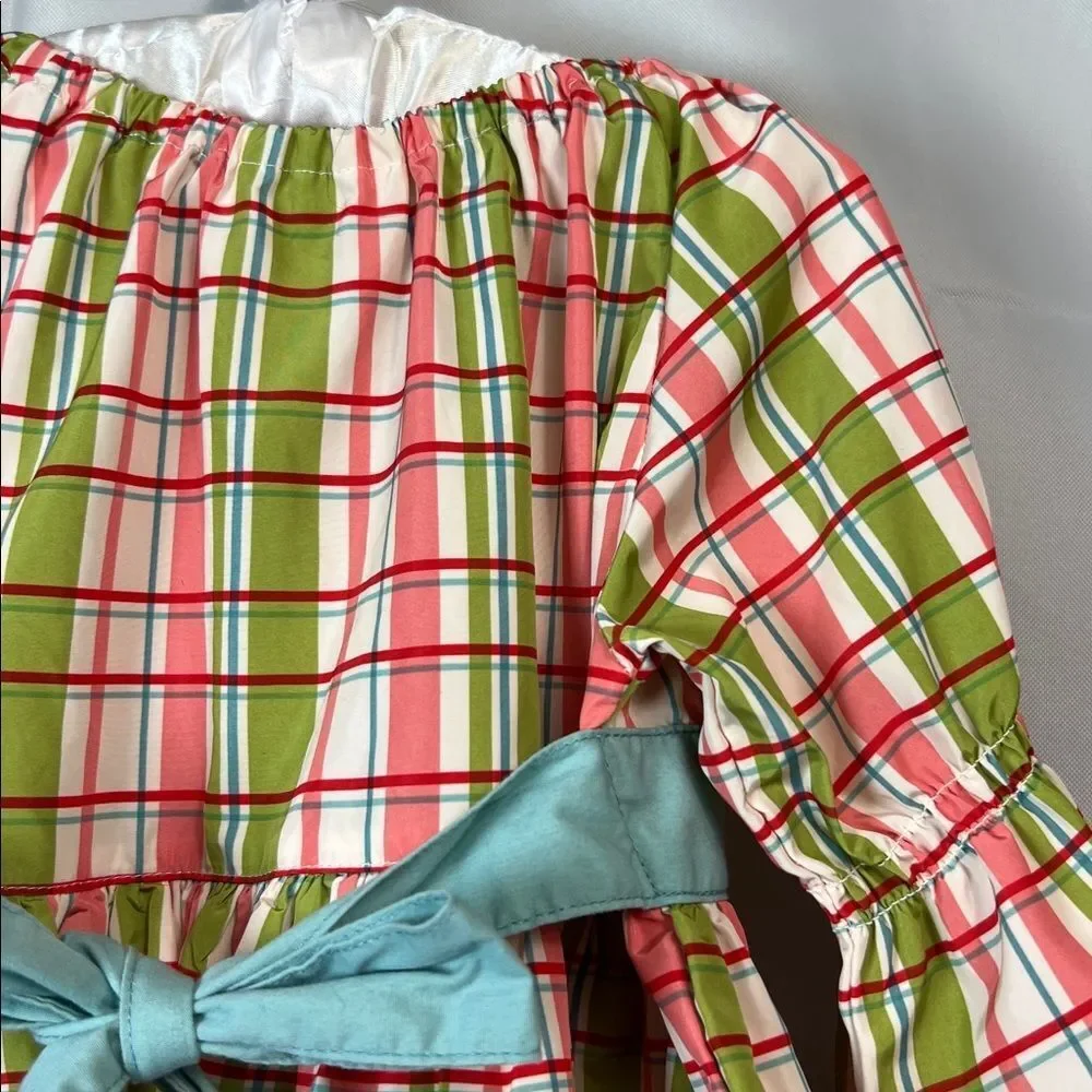 Matilda Jane Secret Fields green and pink plaid peasant top teal sash size 4